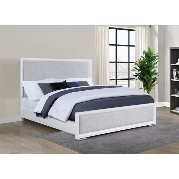 English Elm Robinson Eastern King Panel Bed White Frame Grey Upholstered Headboard Bedroom B062S02110