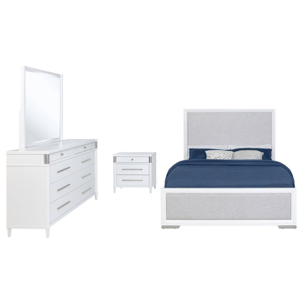 English Elm Robinson Queen Bedroom Set with Upholstered Headboard in Modern White Finish B062S02112