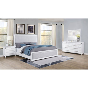 English Elm Robinson White Laminate Four Piece Bedroom Suite with Grey Upholstered Bed and Nickel Accents B062S02114