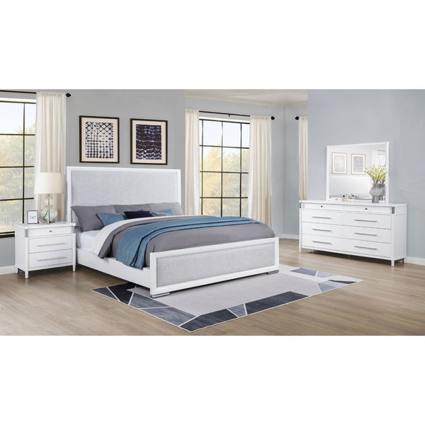 English Elm Robinson White Laminate Four Piece Bedroom Suite with Grey Upholstered Bed and Nickel Accents B062S02114