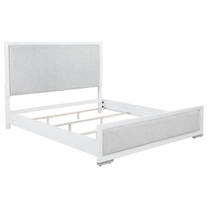 English Elm Robinson White Laminate Four Piece Bedroom Suite with Grey Upholstered Bed and Nickel Accents B062S02114