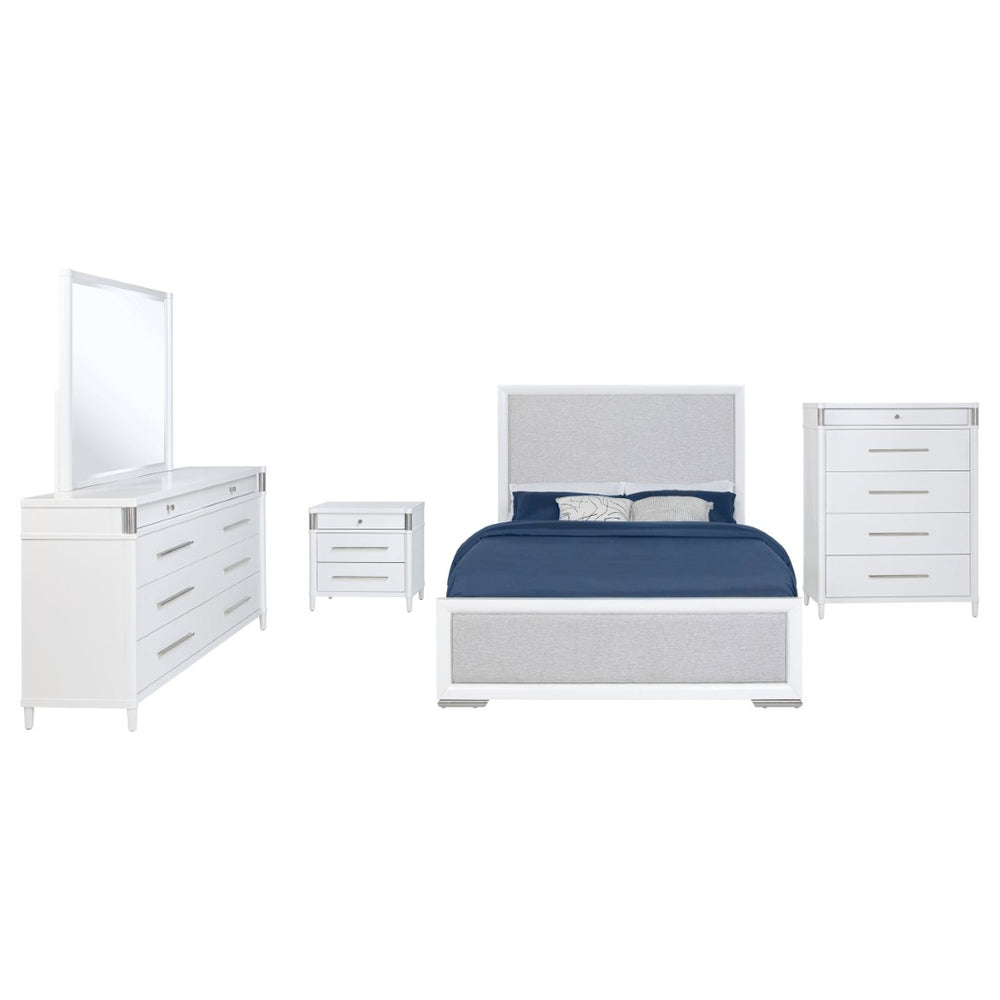 English Elm Robinson White Finish Five Piece Eastern King Bedroom Set with Grey Fabric Panels B062S02115