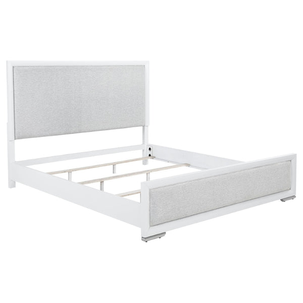 English Elm Robinson White Finish Five Piece Eastern King Bedroom Set with Grey Fabric Panels B062S02115