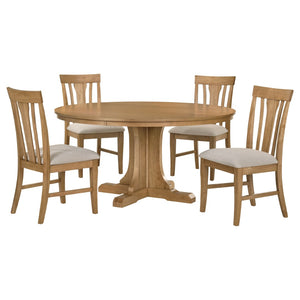 English Elm Auburn Round Pedestal Dining Set White Oak Veneer Slat Back Chairs Seats Four B062S02119