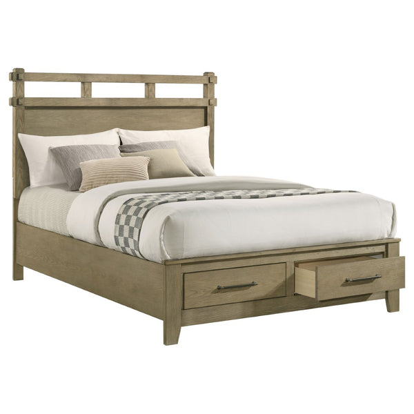 English Elm Pelton Queen Platform Bed Warm Oak Veneer Slat Headboard with Footboard Storage Drawers B062S02120