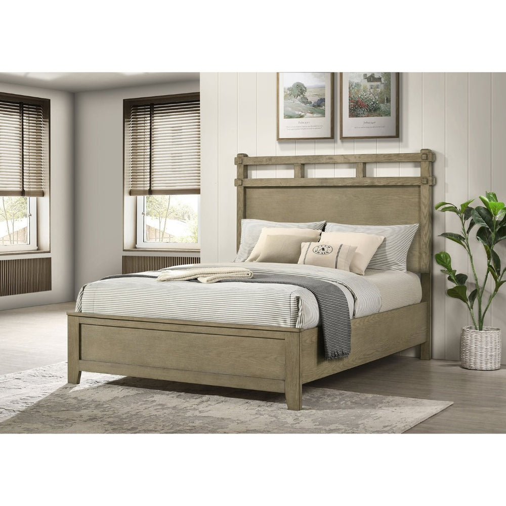English Elm Pelton Queen Panel Bed Vineyard Oak Finish Open Slat Headboard Architectural Design B062S02122