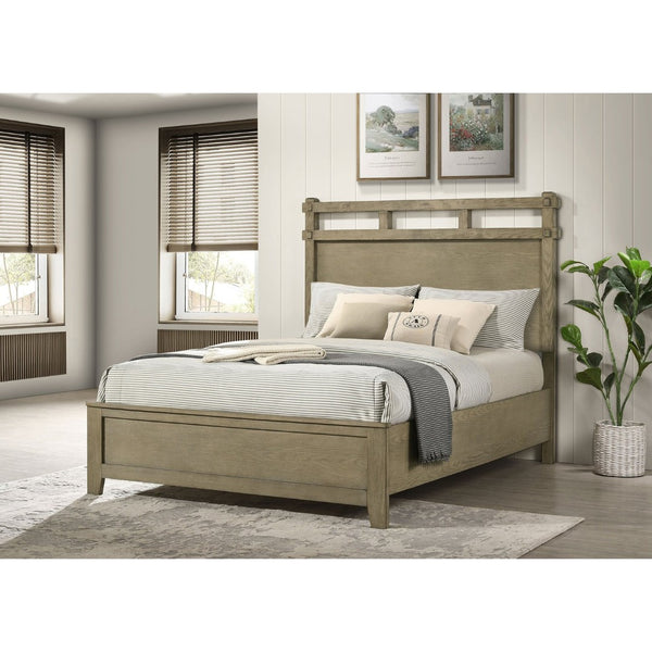 English Elm Pelton Queen Panel Bed Vineyard Oak Finish Open Slat Headboard Architectural Design B062S02122