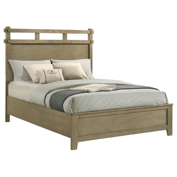 English Elm Pelton Queen Panel Bed Vineyard Oak Finish Open Slat Headboard Architectural Design B062S02122