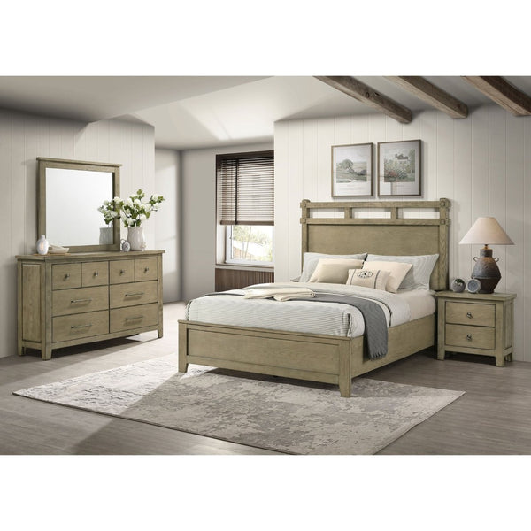 English Elm Pelton Queen Bedroom Set with Oak Finish Open Slat Headboard and Antique Nickel Hardware B062S02129
