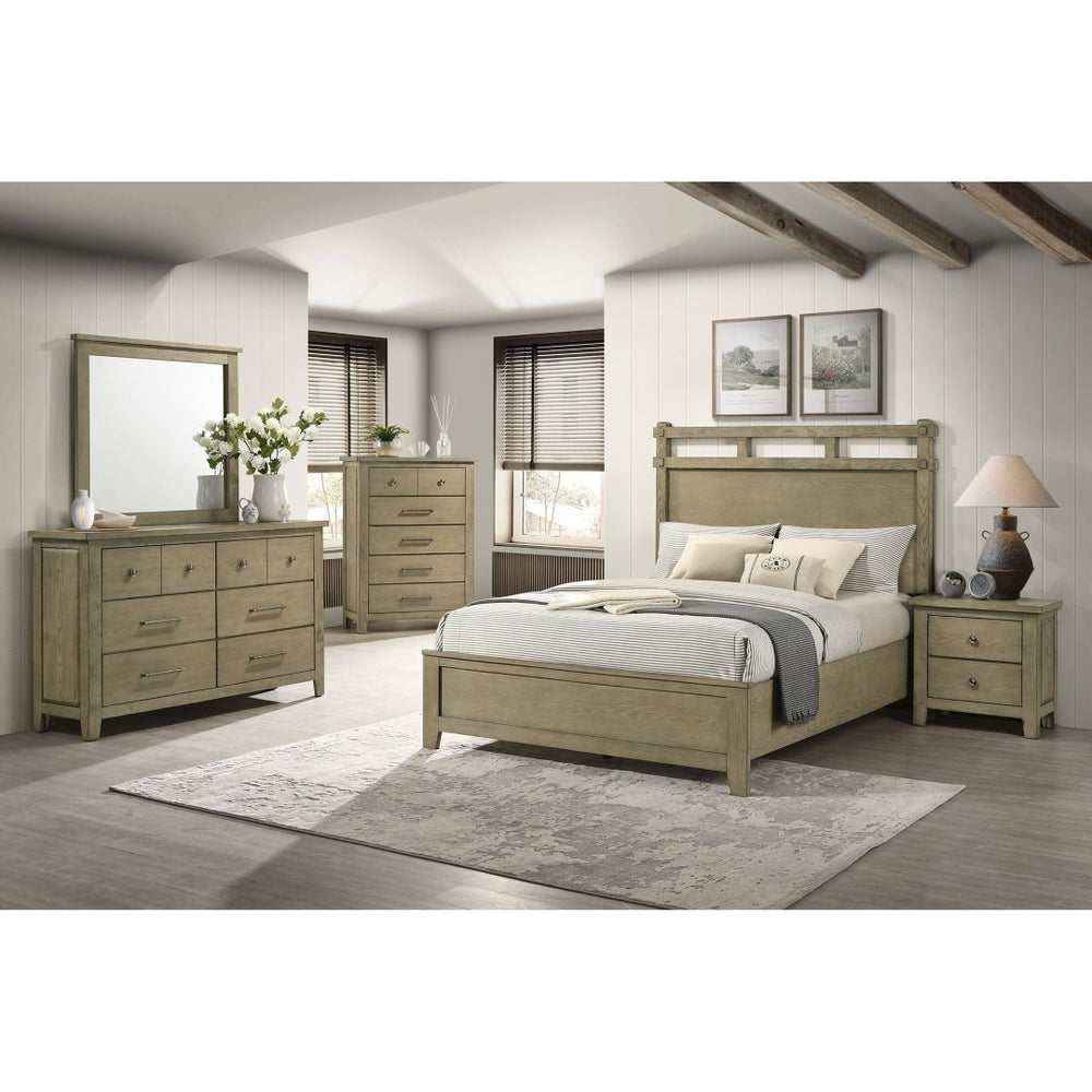 English Elm Pelton Five Piece Queen Bedroom Set with Oak Grain Veneer and Open Slat Headboard B062S02130
