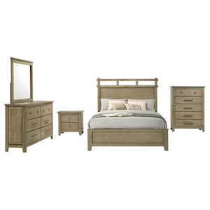English Elm Pelton Five Piece Queen Bedroom Set with Oak Grain Veneer and Open Slat Headboard B062S02130