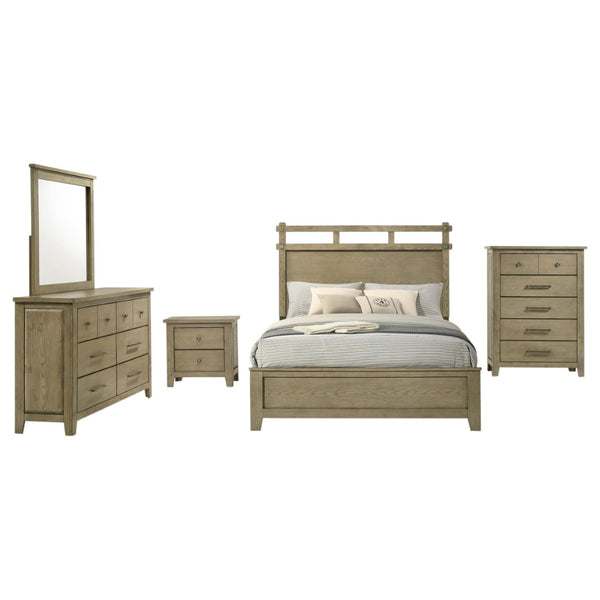 English Elm Pelton Five Piece Queen Bedroom Set with Oak Grain Veneer and Open Slat Headboard B062S02130