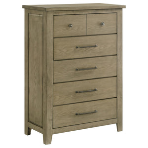 English Elm Pelton Five Piece Queen Bedroom Set with Oak Grain Veneer and Open Slat Headboard B062S02130