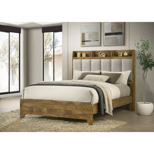 English Elm Packard Queen Panel Bed with Built-In Headboard Shelves and Upholstered Grey Accent B062S02132