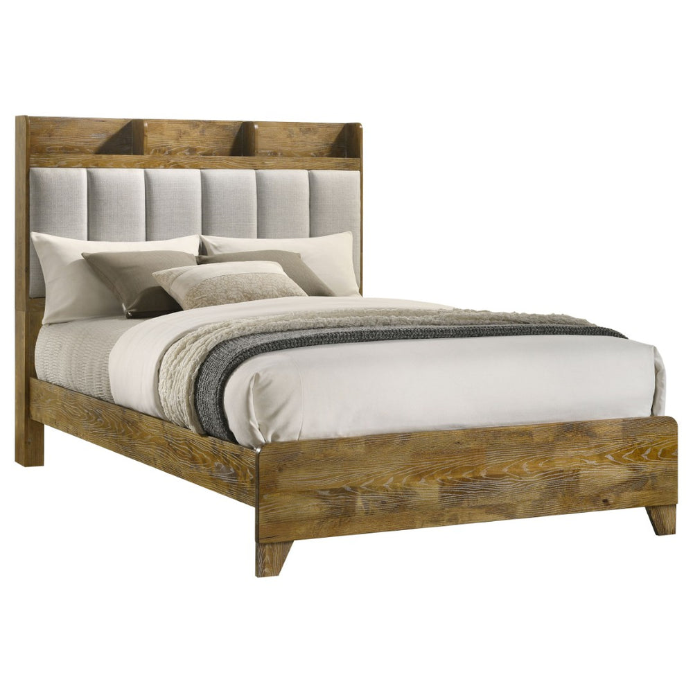 English Elm Packard Eastern King Panel Bed with Oak Finish and Grey Upholstered Headboard Shelving B062S02133