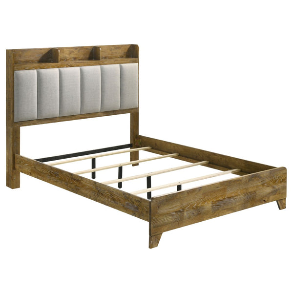English Elm Packard Eastern King Panel Bed with Oak Finish and Grey Upholstered Headboard Shelving B062S02133