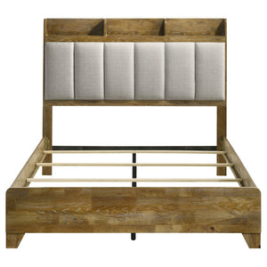 English Elm Packard Eastern King Panel Bed with Oak Finish and Grey Upholstered Headboard Shelving B062S02133