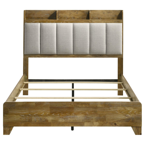 English Elm Packard Eastern King Panel Bed with Oak Finish and Grey Upholstered Headboard Shelving B062S02133