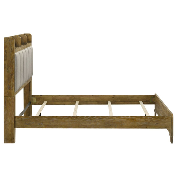 English Elm Packard Eastern King Panel Bed with Oak Finish and Grey Upholstered Headboard Shelving B062S02133