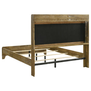 English Elm Packard Eastern King Panel Bed with Oak Finish and Grey Upholstered Headboard Shelving B062S02133