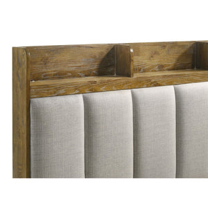 English Elm Packard Eastern King Panel Bed with Oak Finish and Grey Upholstered Headboard Shelving B062S02133