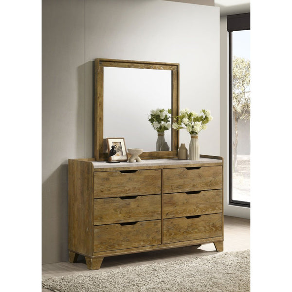 English Elm Packard Six Drawer Dresser with Faux Marble Top Oak Grain Finish and Coordinating Mirror B062S02134