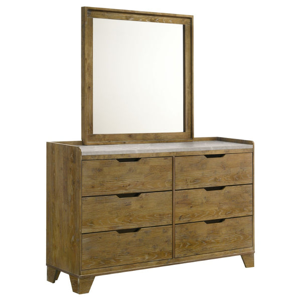 English Elm Packard Six Drawer Dresser with Faux Marble Top Oak Grain Finish and Coordinating Mirror B062S02134