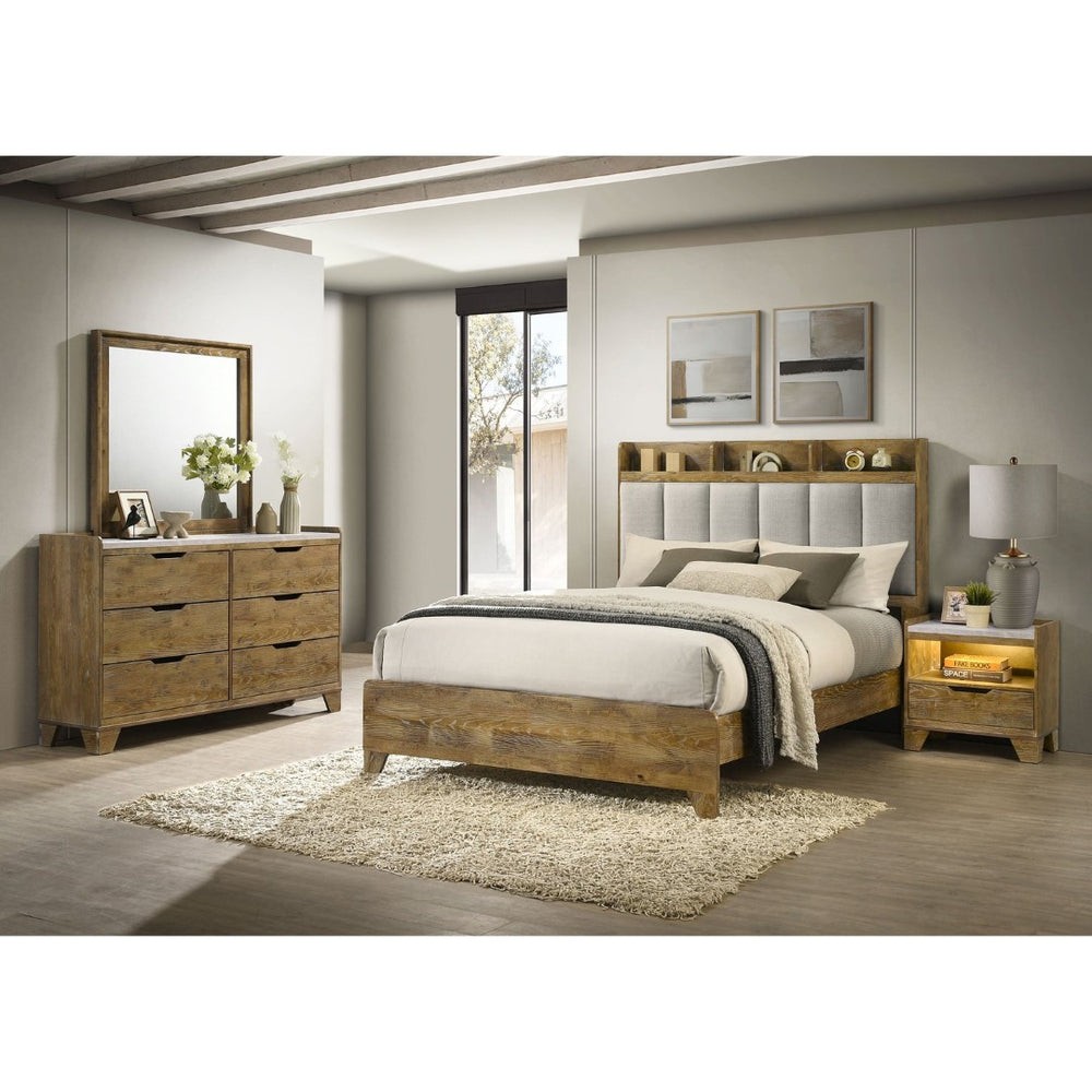 English Elm Packard Queen Bedroom Set Oak Grain Finish with Faux Marble Tops and LED Nightstand B062S02135