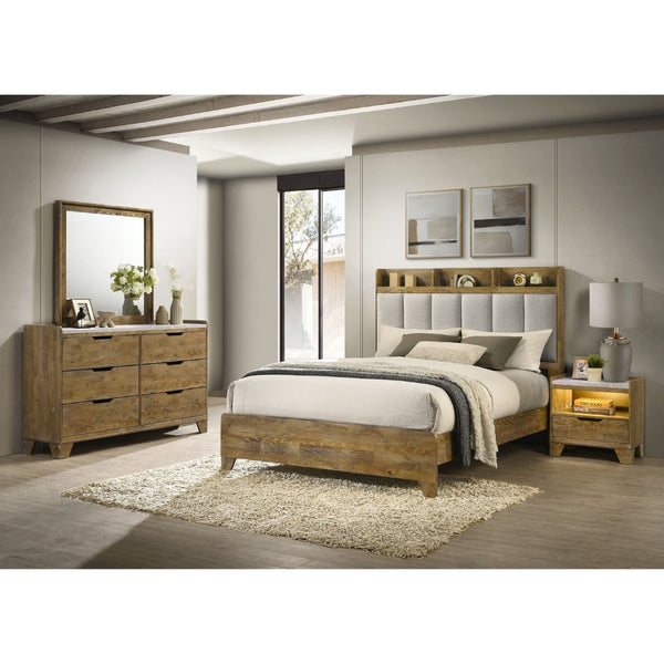 English Elm Packard Queen Bedroom Set Oak Grain Finish with Faux Marble Tops and LED Nightstand B062S02135