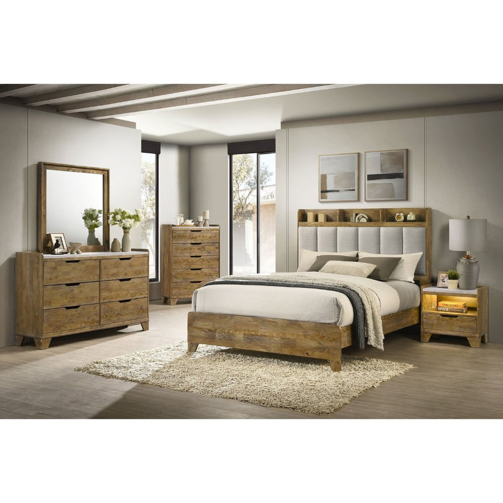 English Elm Packard Queen Bedroom Set with Bookcase Headboard in Warm Oak Organic Modern Style B062S02136