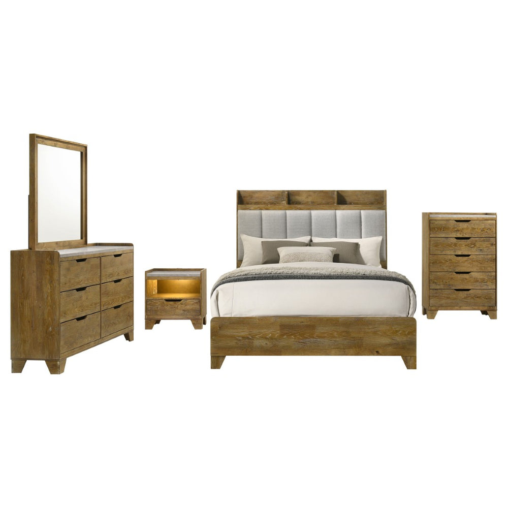 English Elm Packard Queen Bedroom Set with Bookcase Headboard in Warm Oak Organic Modern Style B062S02136
