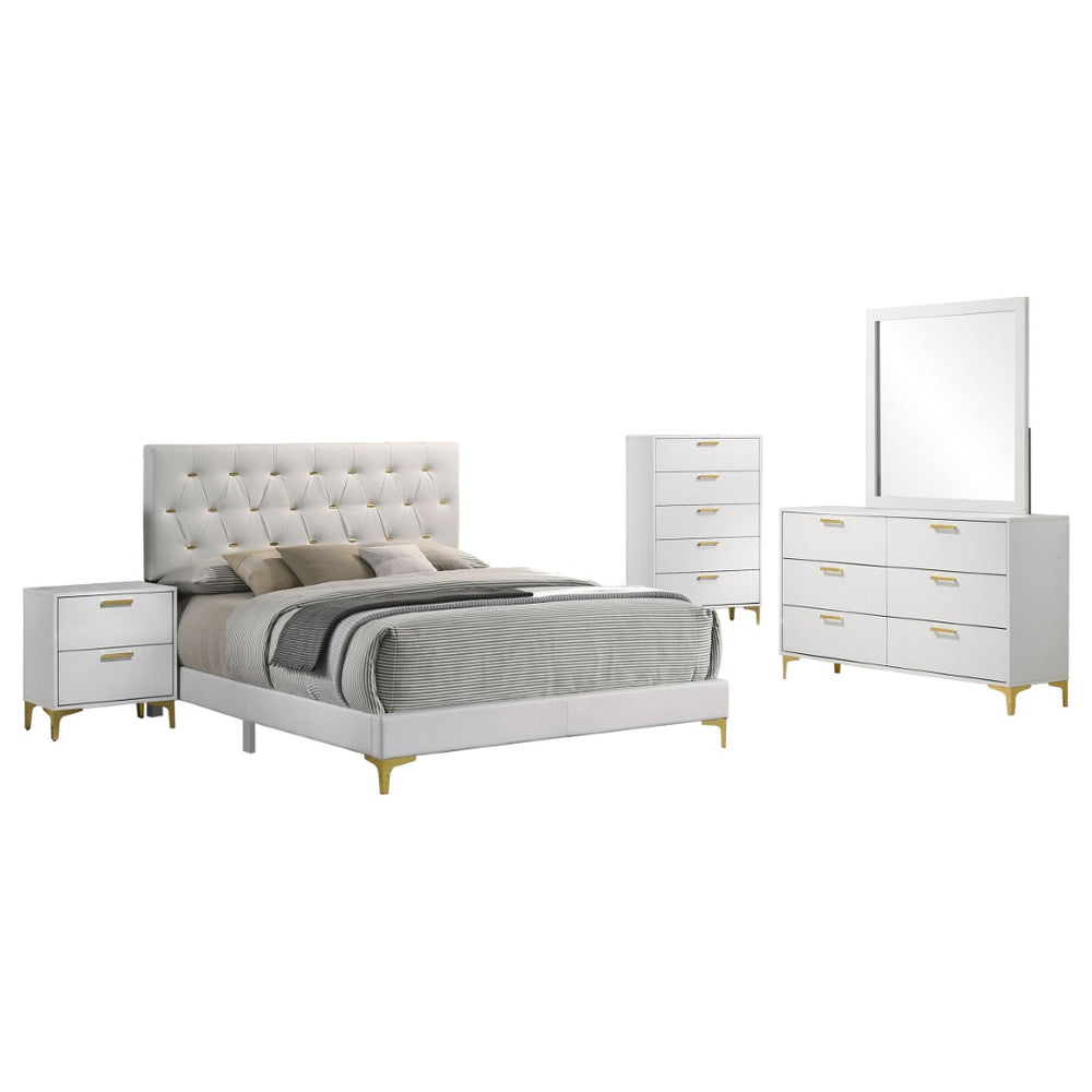 English Elm James White Lacquer Glam King Bedroom Set with Tufted Headboard and Gold Hardware B062S02142