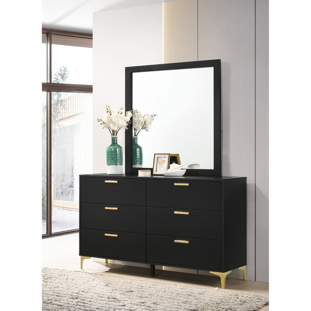 English Elm James Six Drawer Dresser with Mirror Matte Black Gold Hardware Glam Bedroom Storage B062S02143