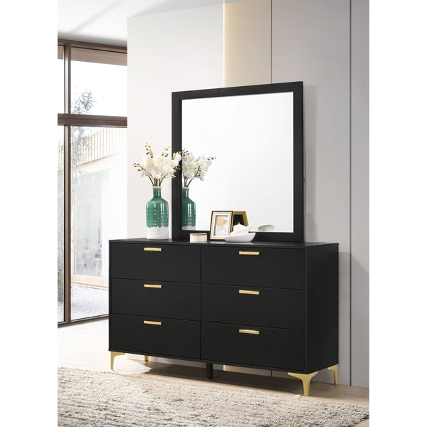 English Elm James Six Drawer Dresser with Mirror Matte Black Gold Hardware Glam Bedroom Storage B062S02143