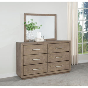 English Elm Gibbons Six Drawer Dresser with Mirror Oak Veneer Warm Wood Bedroom Furniture Set B062S02148