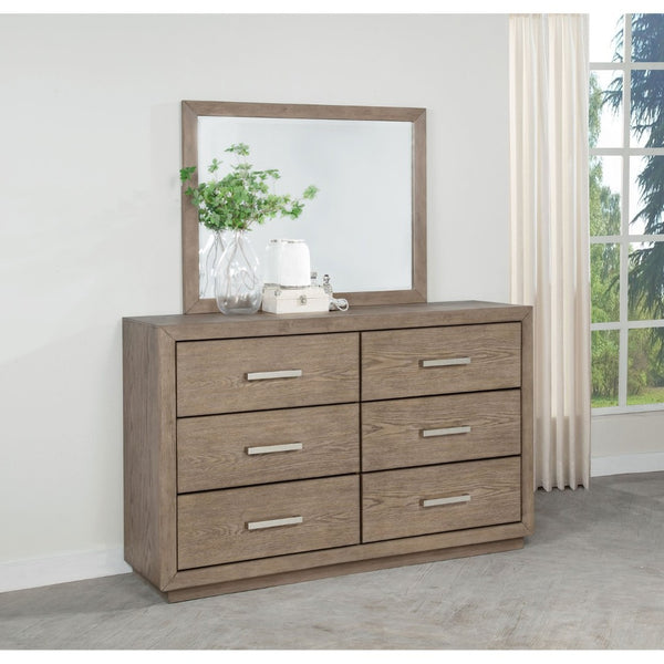 English Elm Gibbons Six Drawer Dresser with Mirror Oak Veneer Warm Wood Bedroom Furniture Set B062S02148