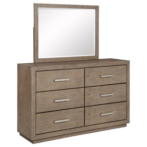 English Elm Gibbons Six Drawer Dresser with Mirror Oak Veneer Warm Wood Bedroom Furniture Set B062S02148