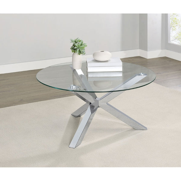 English Elm Alexa Sculptural Three Leg Chrome Base Round Glass Living Room Cocktail Table B062S02149