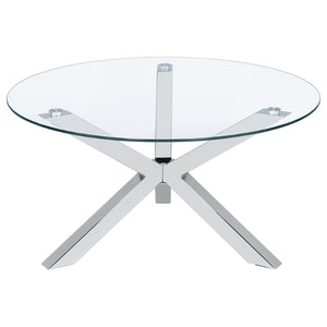English Elm Alexa Sculptural Three Leg Chrome Base Round Glass Living Room Cocktail Table B062S02149