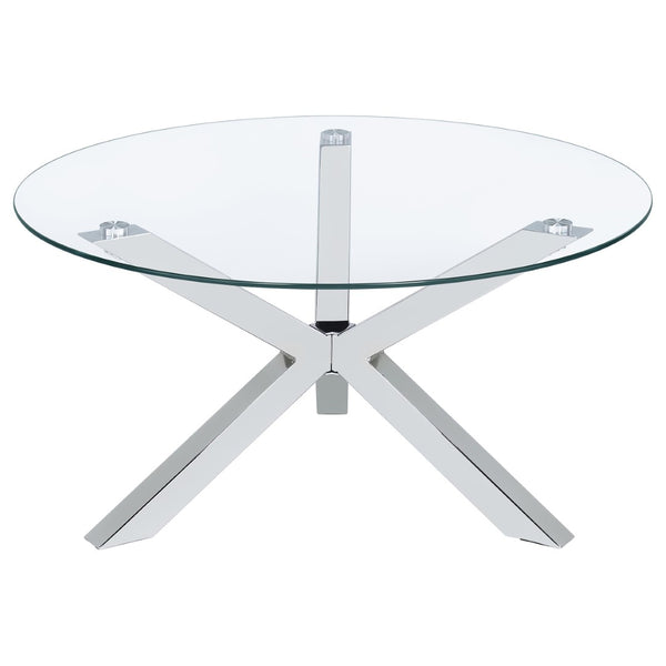 English Elm Alexa Sculptural Three Leg Chrome Base Round Glass Living Room Cocktail Table B062S02149