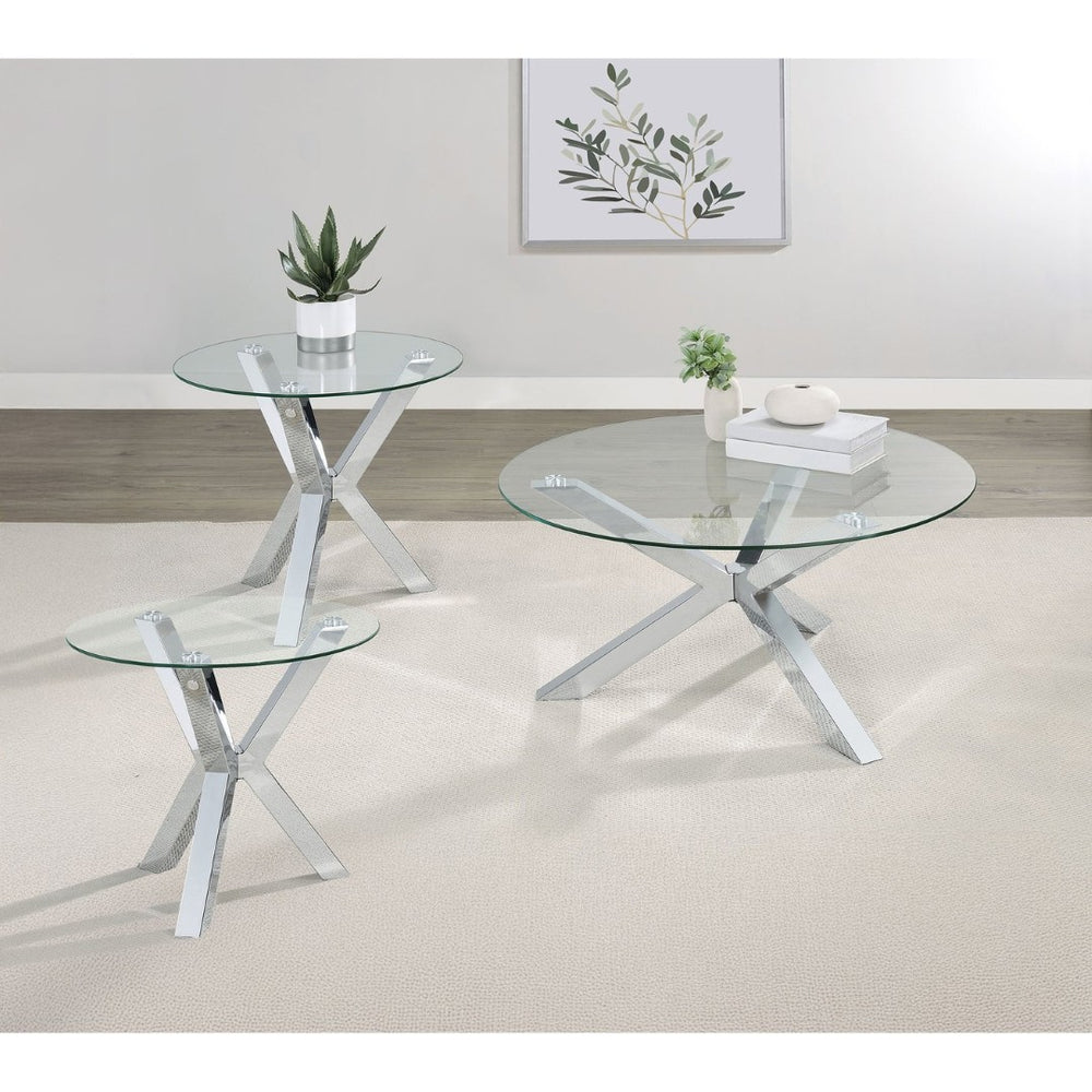 English Elm Alexa Sculptural Chrome Round Glass 3 Piece Living Room Coffee and End Table Set B062S02151