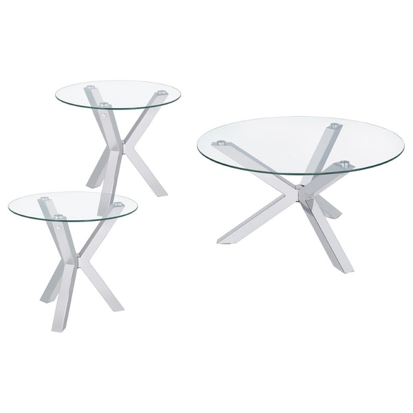 English Elm Alexa Sculptural Chrome Round Glass 3 Piece Living Room Coffee and End Table Set B062S02151