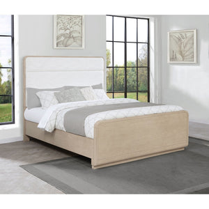 English Elm Mirador Queen Panel Bed Boucle Upholstered Headboard Light Elm Low Footboard B062S02152