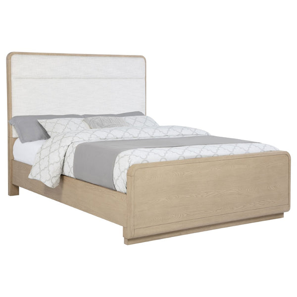 English Elm Mirador Queen Panel Bed Boucle Upholstered Headboard Light Elm Low Footboard B062S02152