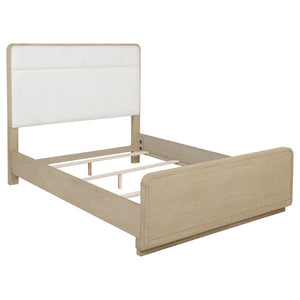 English Elm Mirador Queen Panel Bed Boucle Upholstered Headboard Light Elm Low Footboard B062S02152