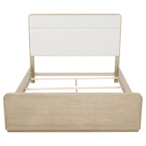 English Elm Mirador Queen Panel Bed Boucle Upholstered Headboard Light Elm Low Footboard B062S02152