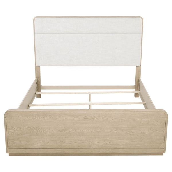 English Elm Mirador Queen Panel Bed Boucle Upholstered Headboard Light Elm Low Footboard B062S02152