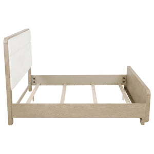 English Elm Mirador Queen Panel Bed Boucle Upholstered Headboard Light Elm Low Footboard B062S02152