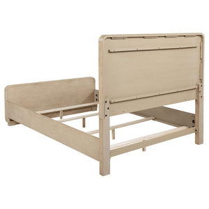 English Elm Mirador Queen Panel Bed Boucle Upholstered Headboard Light Elm Low Footboard B062S02152