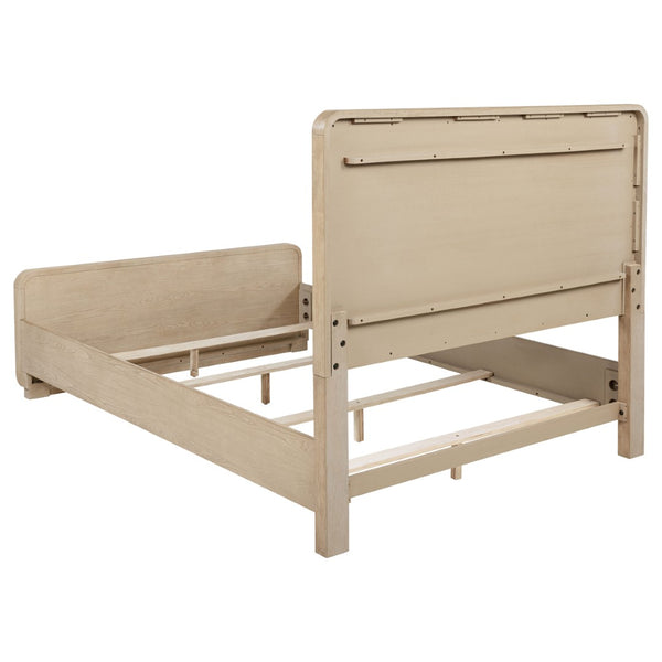 English Elm Mirador Queen Panel Bed Boucle Upholstered Headboard Light Elm Low Footboard B062S02152